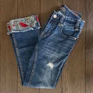 Rock & Roll Cowgirl Blue Jeans with Red Floral Cuffs